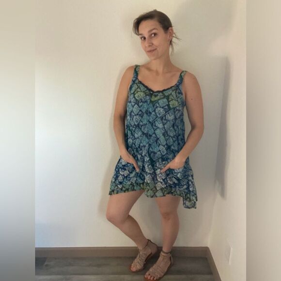 Free People Mini Dress Oversized Trapeze Triangle Print Blue Green - Picture 2 of 12